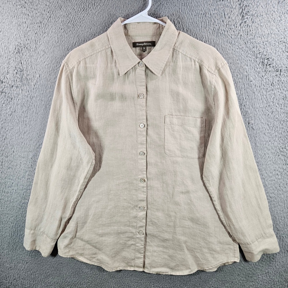 Tommy Bahama Womens Tan 100% Linen Long Sleeve Button Down Shirt Size M